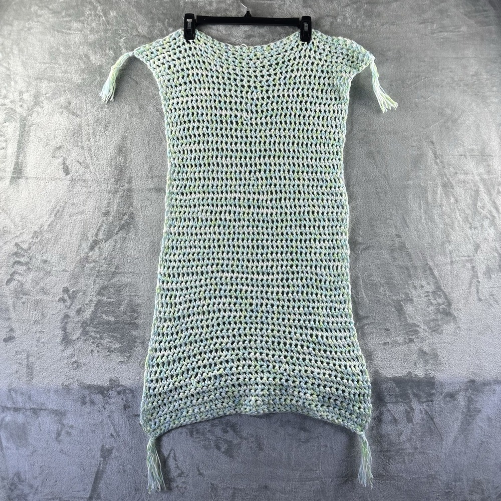Handmade Crochet Knit Baby Blanket Blue Green Yellow White
